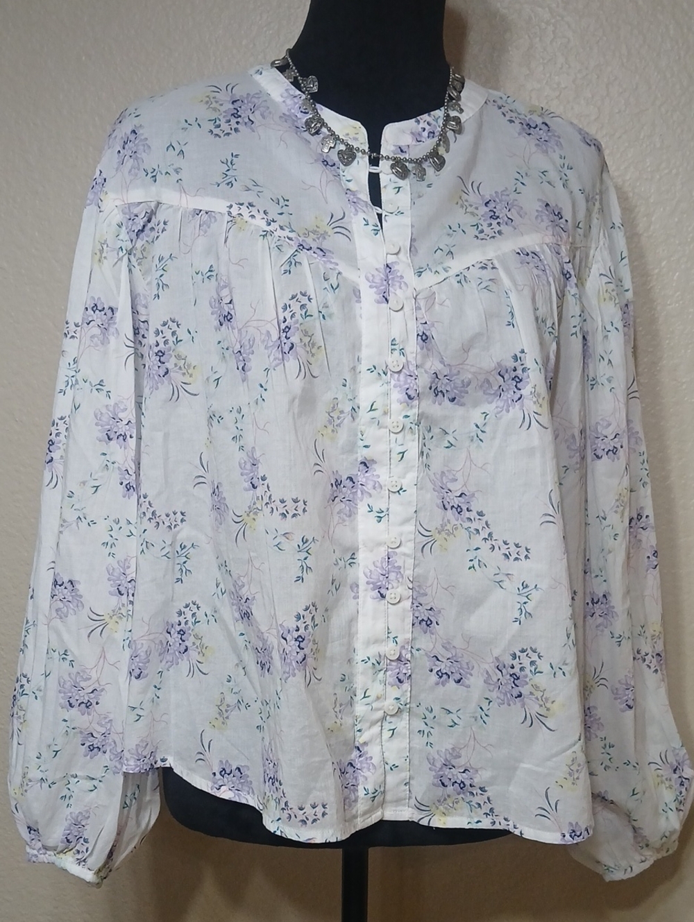 White Floral Blouse with Lavender Print